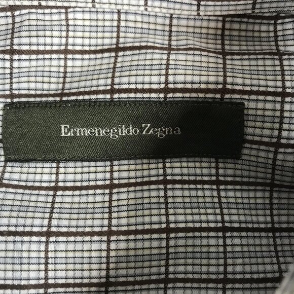 Ermenegildo Zegna Shirt Mens Small White Brown Windowpane Long Sleeve Dress - Picture 2 of 9